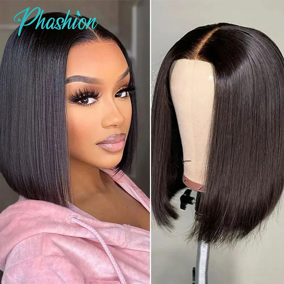 Phashion 4x4 Glueless Straight Short Bob Wigs With Natural Hairline 180% For Black Women 100% Remy Human Hair Blunt Cut On Sale