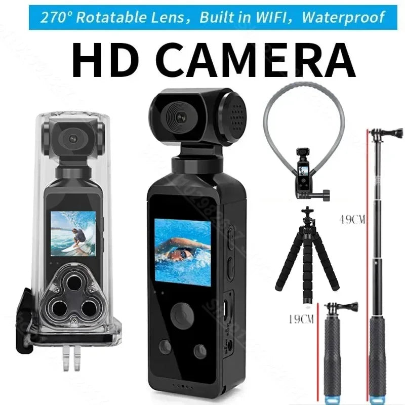 4K Ultra HD Pocket Action Camera 270° Rotatable Vlog Wifi Mini Sports Cam Waterproof Case Helmet Travel Bicycle Driver Recorder