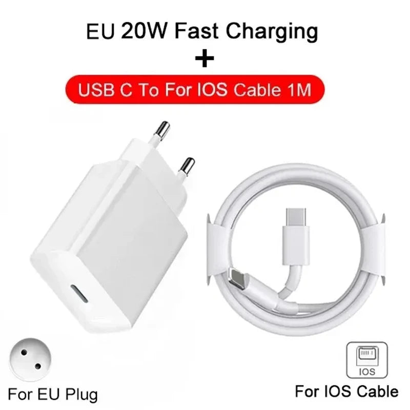 EU Plug with Fast Charger Cable PD 20W Original Charge Adapter for iPhone 13 12 11 14 Pro Max USB Type C Fast Charger