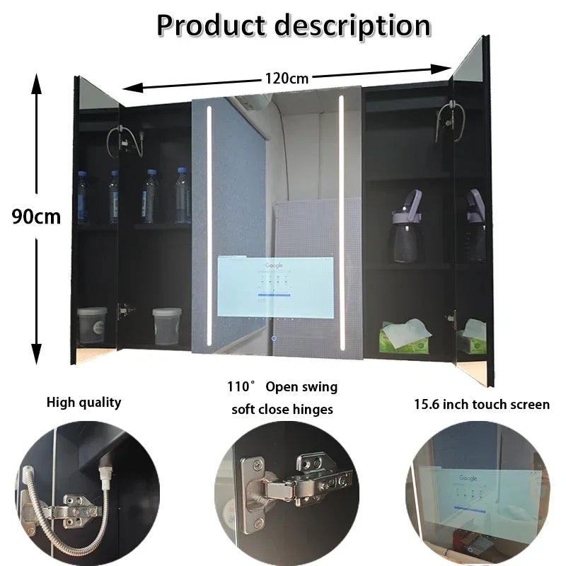 Cabinet With Smart TV Mirror, 3 Door Wall Mounted Cabinet Anti Fog Smart Led Medicine Storage Washroom Toilet Bathroom