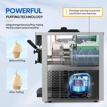 Commercial ice cream machine with 5.3 to 7.4gallons per hour,equipped with 2X1.6gallon hoppers and 3 flavors of LCD touch screen