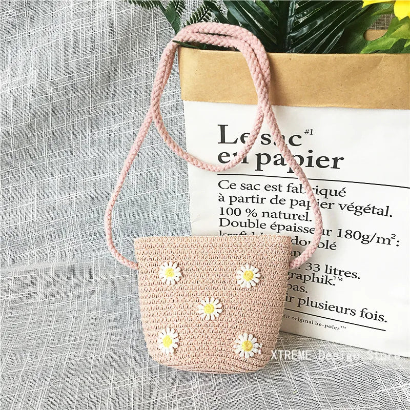 Summer Children's Straw Woven Messenger Bag Lovely Girls Small Coin Purse Handbags Baby Kids Mini Shoulder Bags Princess Wallet