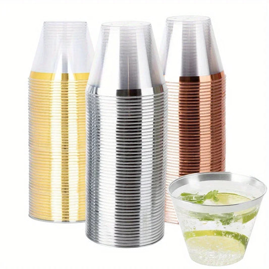 100pcs disposable plastic cups with rose gold and silver edges, 9oz, perfect for weddings, birthday parties, and tableware,