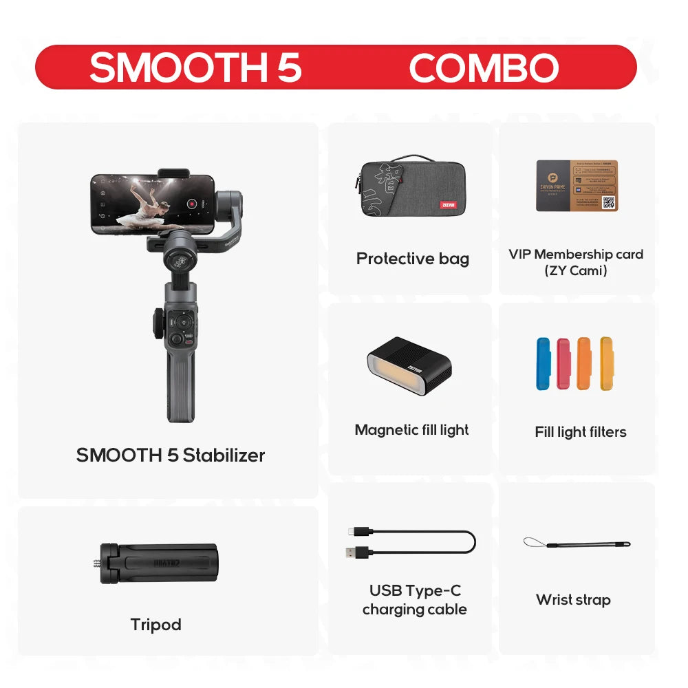 ZHIYUN Smooth 5 Gimbal Phone Handheld Stabilizer 3-Axis Portable Smartphone for iPhone 15 / Huawei / Xiaomi