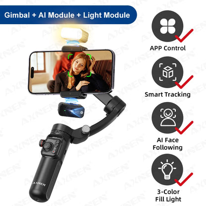 Handheld Stabilizer 3 Axis Gimbal for Cellphone Outdoor Video Shot for iPhone 16 15 PRO MAX Samsung Android, Optional AI Module