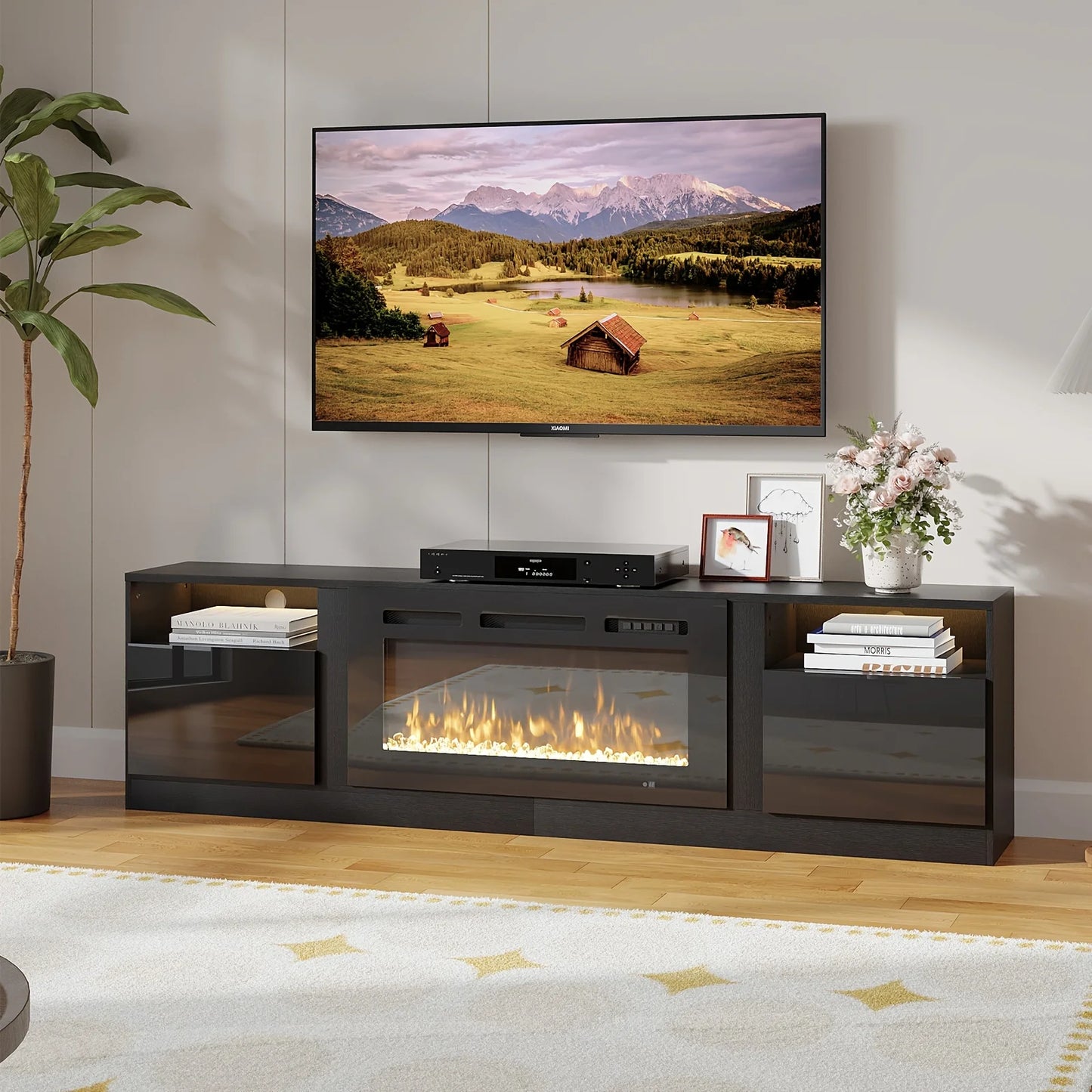 Fireplace TV Stand Entertainment Center With 36" Fireplace, Wooden TV Stand For TVs Up To 80", Media TV Console With Hig