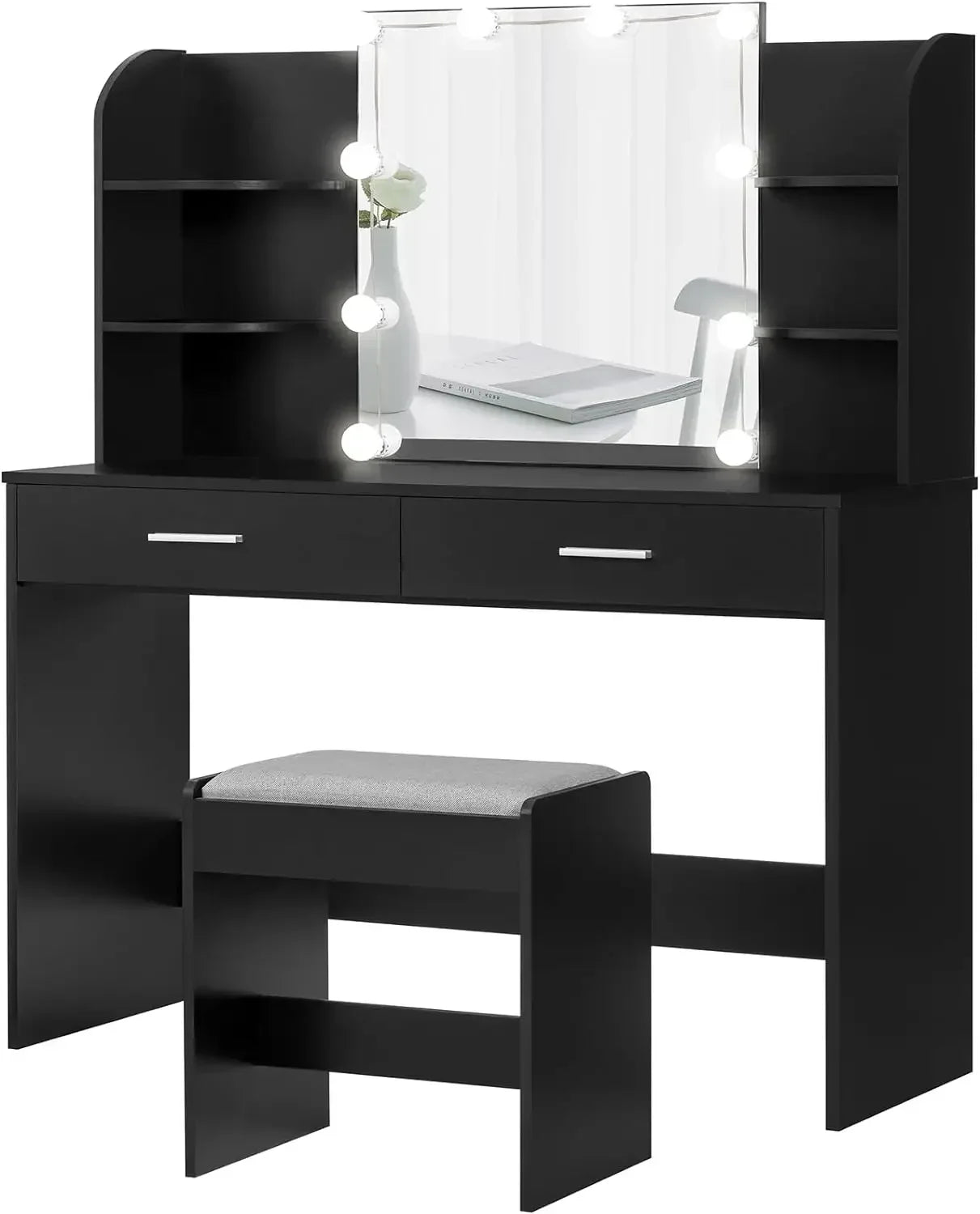 Mirror Vanity Makeup Table Set with  Drawers and Open Shelves