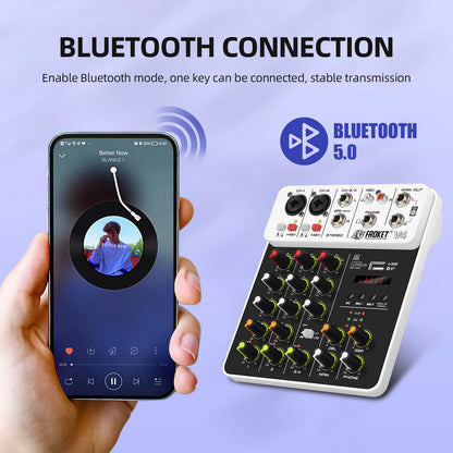 V4 Audio Interface Mixer with Bluetooth USB Recording Computer 48V Phantom Power Delay Replay Effects, 4-Channel Audio Mixer