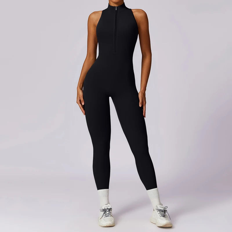 Backless Jumpsuits Zipper Sports Bodysuits Women Yoga Sets Sportswear Fitness Overalls One Piece Suit Workout Playsuit Female