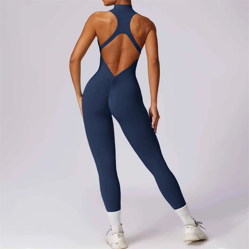 Backless Jumpsuits Zipper Sports Bodysuits Women Yoga Sets Sportswear Fitness Overalls One Piece Suit Workout Playsuit Female