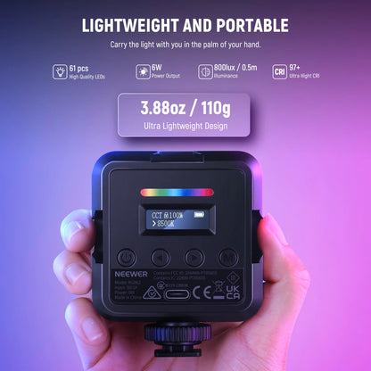 NEEWER RGB62 Magnetic RGB Video Light with  APP Control 360° Full Color LED Camera Light with 3 Cold Shoes Photography Lighting