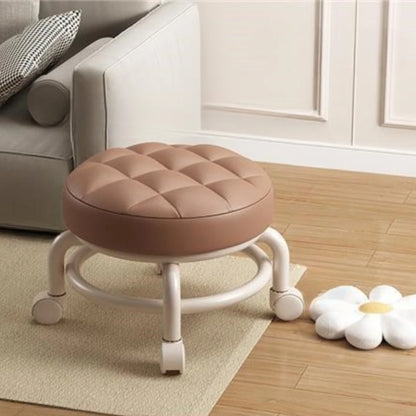 Low Stool with Wheels Waterproof Durable Leather Fabric Portable Small Round Stool Thickening Seat Cushion Simple Soft Stool