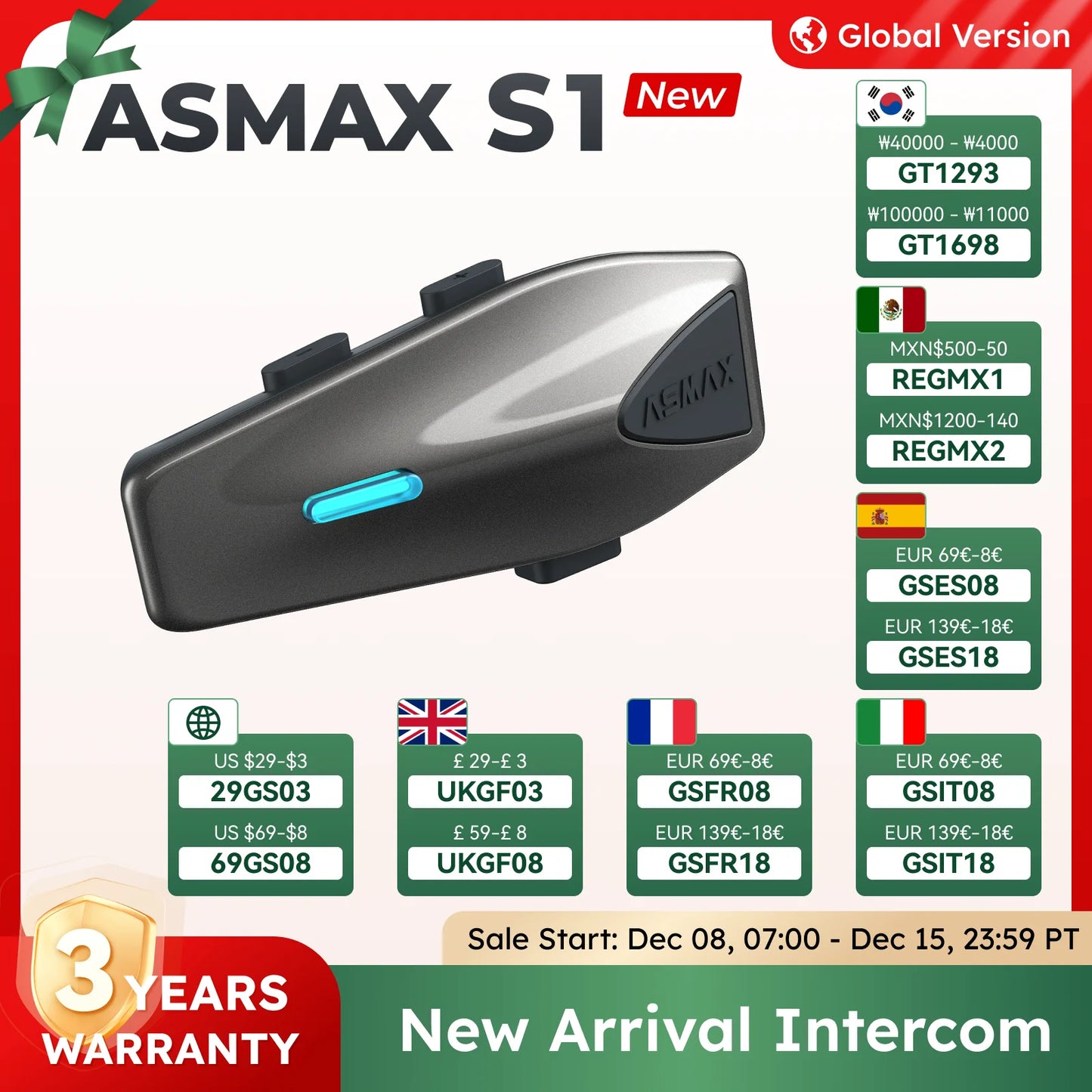 ASMAX S1 Bluetooth Motorcycle Intercom with FM Radio, Noise Cancellation, Waterproof, 8 Riders Interphone Helmet Headset