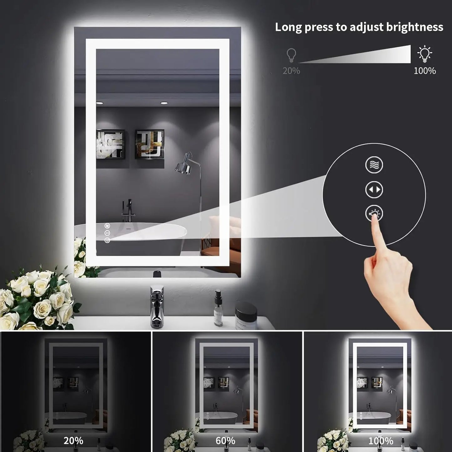 24"X36" LED Bathroom Mirror with Lights, Anti-Fog Dimmable Backlit + Front Lit Lighted Bathroom Vanity Mirror for Wall