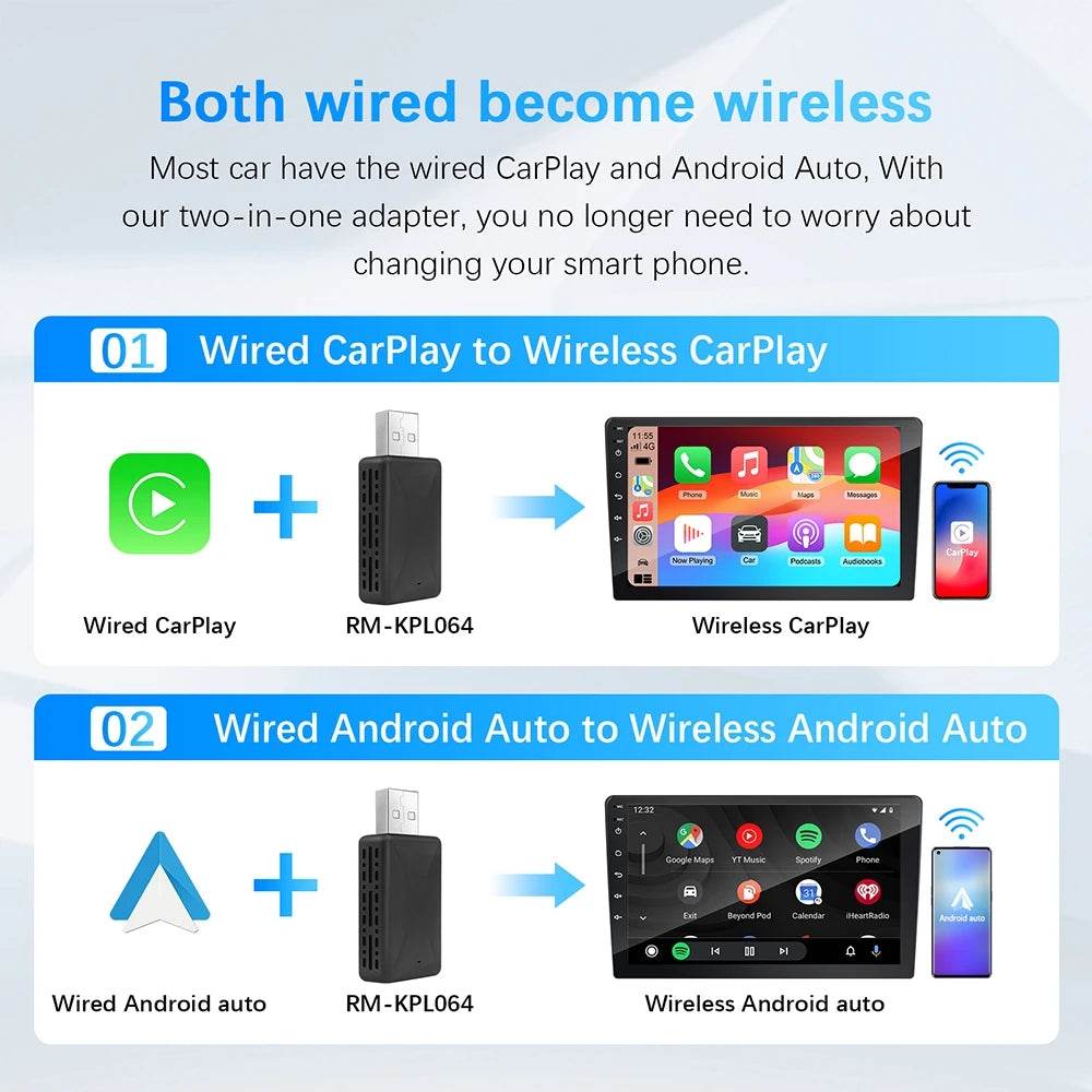 Wireless Carplay Adapter Android Auto Wireless Smart Dongle 2in1 For Volvo Benz Audi Kia Hyundai VW Mazda Cadillac MG Peugeot - MarvelouStoree