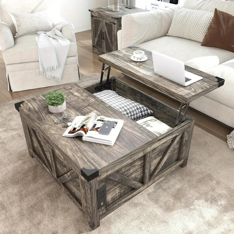 Lift Top Coffee Table with Storage, Wood Square Center Table with Charging Station&USB Ports,Living Room Central Table