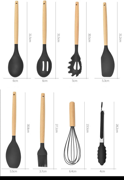 12PCS Silicone Kitchenware Non-Stick Cookware Kitchen Utensils Set Spatula Shovel Egg Beaters Wooden Handle Cooking Tool Set