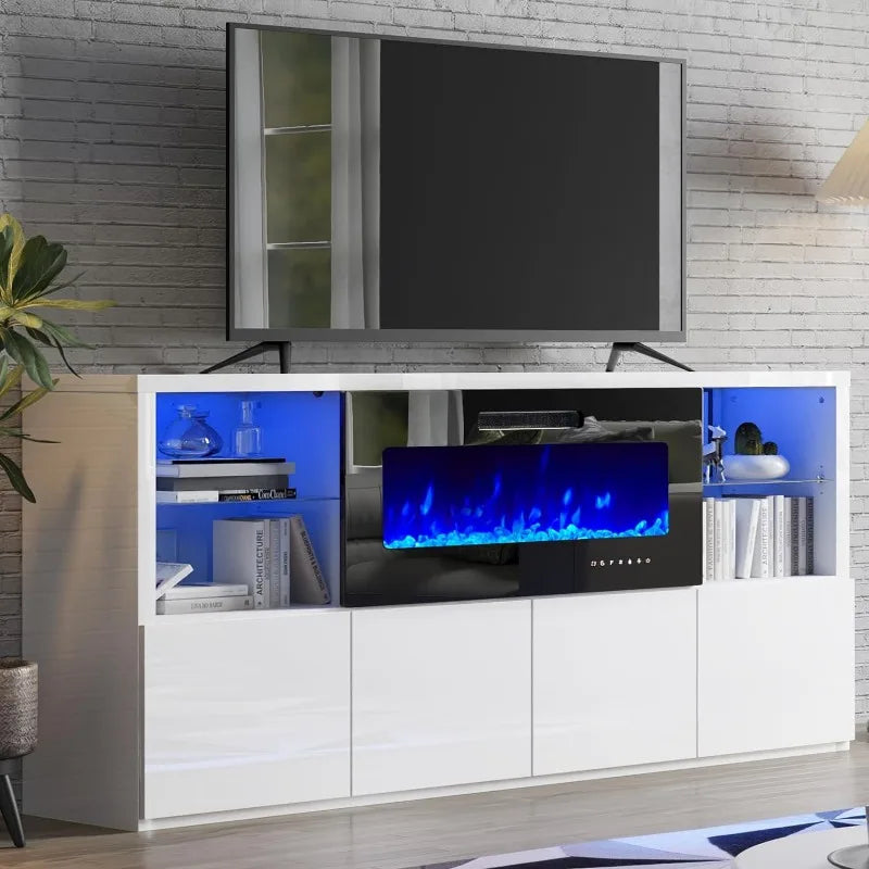 Modern High Gloss 68" Fireplace TV Stand, Media Entertainment Center with Fireplace & LED Lights for TVs up to 78", TV Console