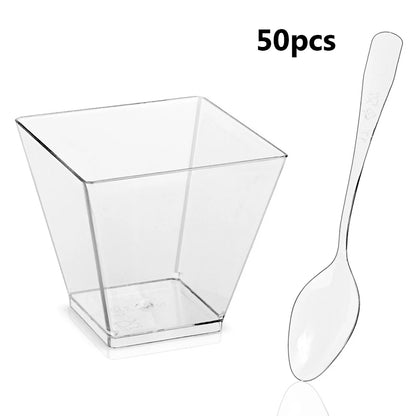 50/100pcs 60ML Disposable Plastic Dessert Cups Reusable Clear Ladder Shaped Cup Appetizers Cake Ice Cream Cup for Party Wedding