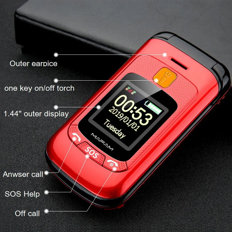 Mafam F899 Flip Elderly Cellphone Two Display 2.4" SOS Fast Quick Call Dial Push Button Folded Senior Mobile Phone Torch