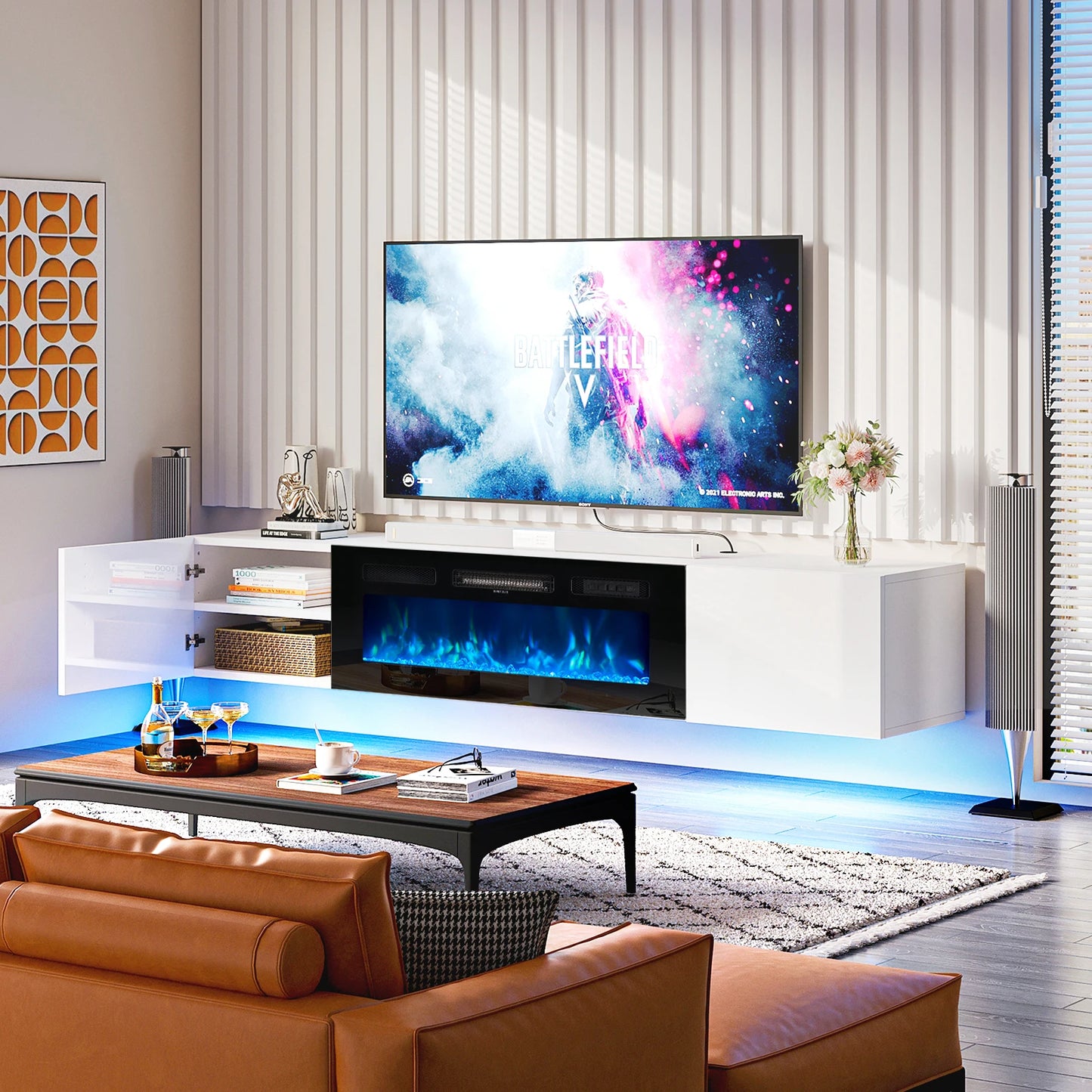 Floating Fireplace TV Stand,70" TV Cabinet,Wall Mounted Entertainment Center with 36" Electric Fireplace,Modern LED Lights Media