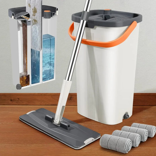 Flat Mop and Bucket with Wringer Set, 3-Chamber Design Separates Dirty and Clean Water, Wet and Dry Use