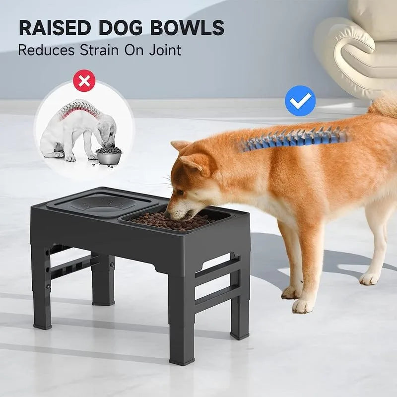 2-in-1 Elevated Slow Feeder Dog Bowls with No Spill 4 Height Adjustable Raised Non-Slip Food and Water Bowls with Stand