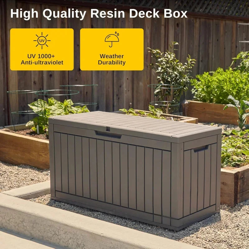 85 gallon deck box lockable resin outdoor storage box waterproof outdoor container for patio furniture cushions, pillow