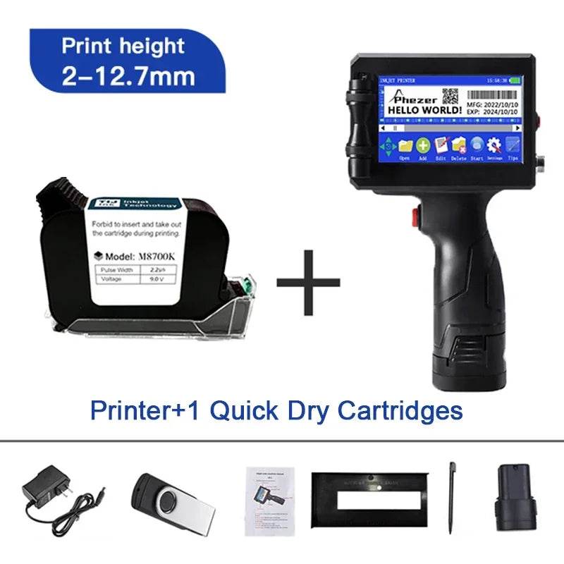 Phezer 12.7/25.4mm Label Printer Handheld Inkjet Printer QR Bar Batch Code Date Number Logo Expiry Date Coding Machine Portable - MarvelouStoree