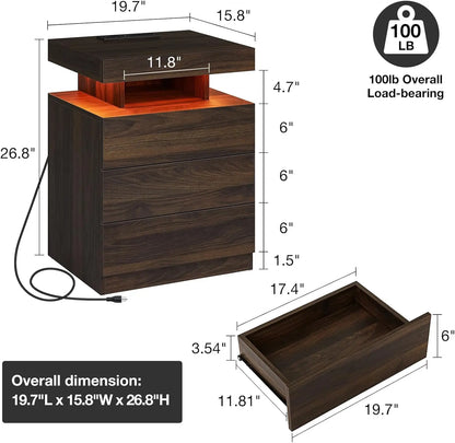 HOMMPA Set of 2 LED Nightstands with Wireless Charging Station Dark Walnut Bedside Table with Led Light Smart Nightstand USB Por