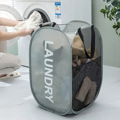 Portable Mesh Pop Up Laundry Hamper Wide Opening Breathable Collapsible Space-Saving Laundry Basket Dorm Travel Bathroom Items