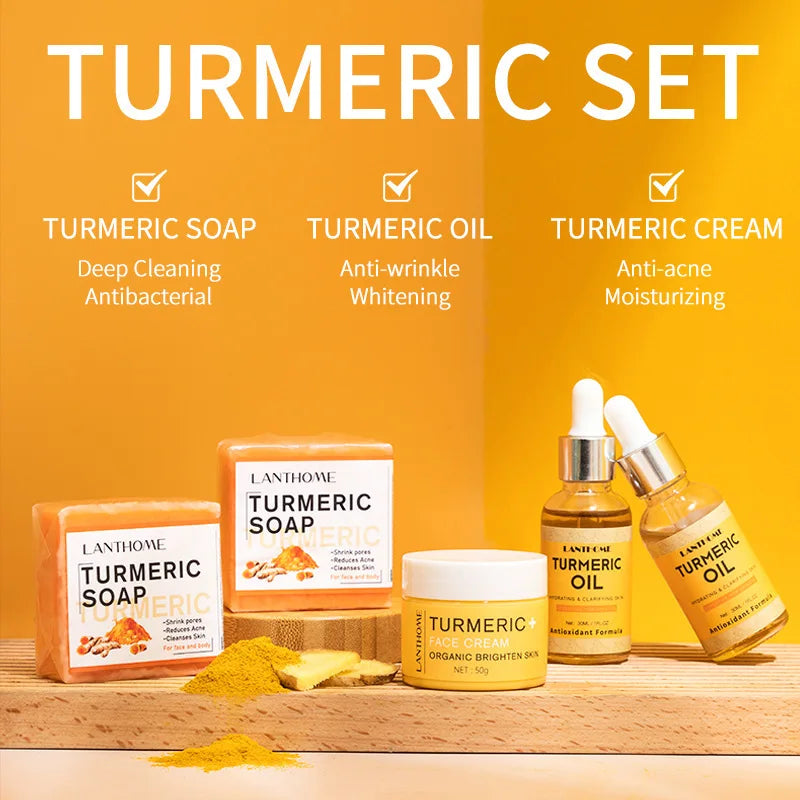 3pcs/set Turmeric Face Care Sets Facial Acne Cleansing Cream Anti-Aging Serum Remover Dark Spots Whitening Facial Oils Skin Care