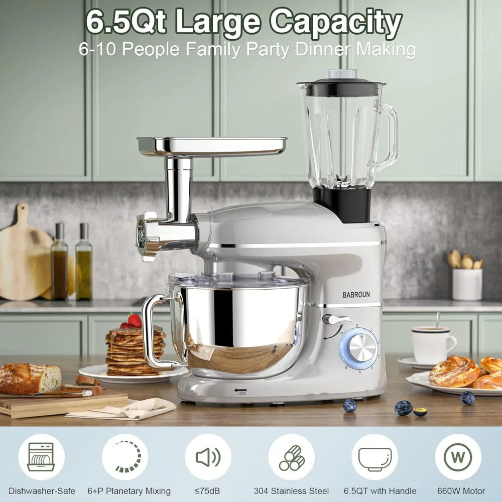 6 IN 1 Multifunctional Electric Kitchen Mixer with 6.5QT Stainless Steel Bowl, 1.5L Glass Jar, Meat Grinder, Dough Hook