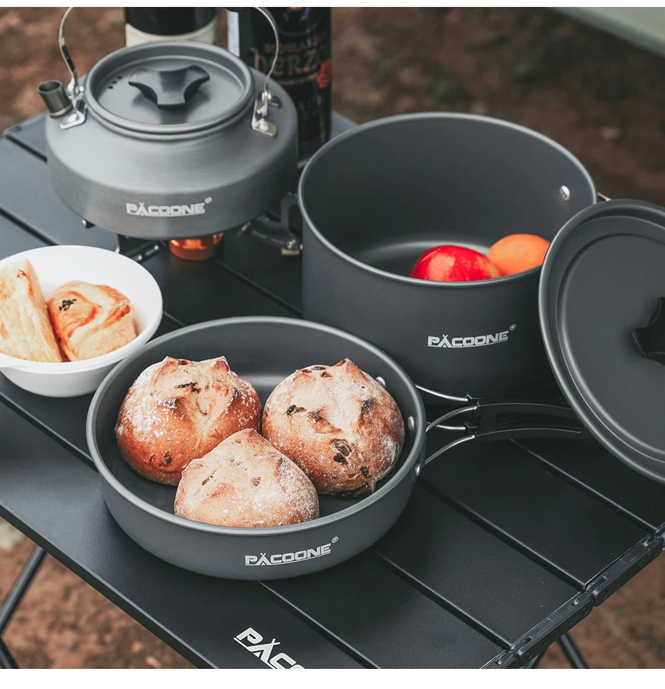 PACOONE Camping Cookware Set Portable Cookware Kit Outdoor Pot Cooking Water Kettle Pan Set Tableware Hiking Picnic Equipment