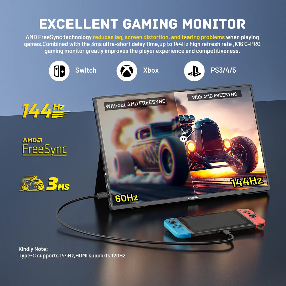 KINHANK 16-inch Smart Portable Monitor With 2.5K HD 144Hz HDR10 Android 12.0 OS Supports 7000+ Apps Projectable Gaming Monitor