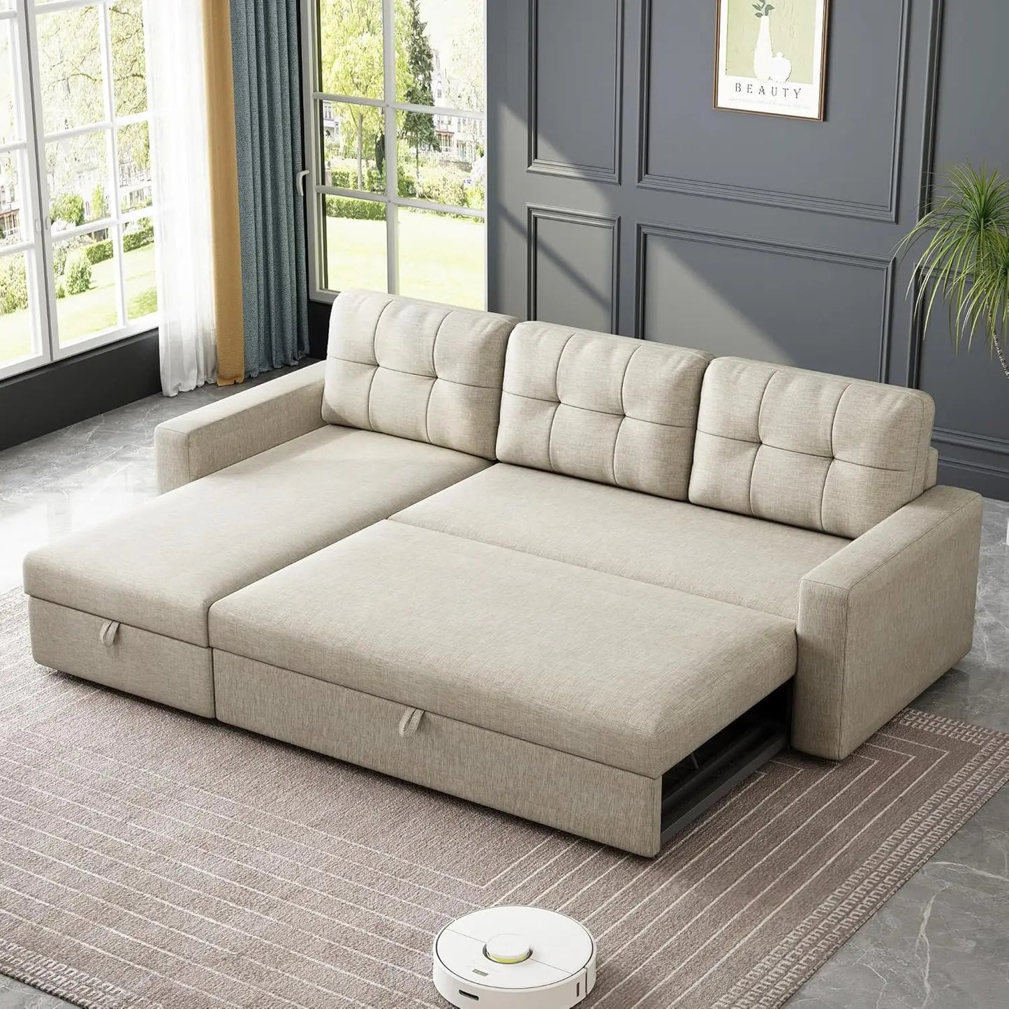 81.5" Sectional Sleeper Sofa with Storage Chaise, L Shaped Pull Out Couch Bed with 3 Removable Back Cushion for Living Room,Apar