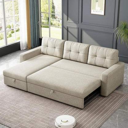 81.5" Sectional Sleeper Sofa with Storage Chaise, L Shaped Pull Out Couch Bed with 3 Removable Back Cushion for Living Room,Apar