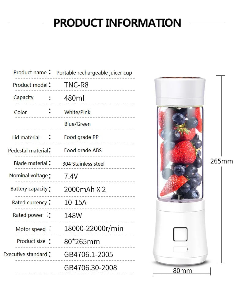 480ml Rechargeable Blender Eco-friendly Glass Bottle Juice Extractor 6 Blades Portable Fruits Mixer Grinder Juice Maker Machine