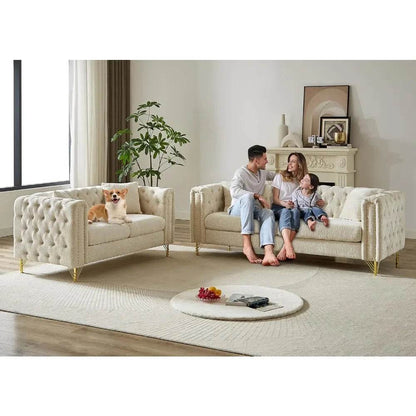 2 Pieces Chenille Living Room Furniture Sofa Couch Set,Button Tufted Comfy Couch with Nailhead Trim&Metal Legs - MarvelouStoree