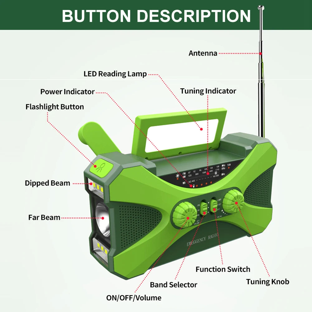 Emergency Flashlight Torch 10000mAh Power Bank Rechargeable Radio Hand Crank Solar USB AM/FM/NOAA Weather Radios Home Outdoors