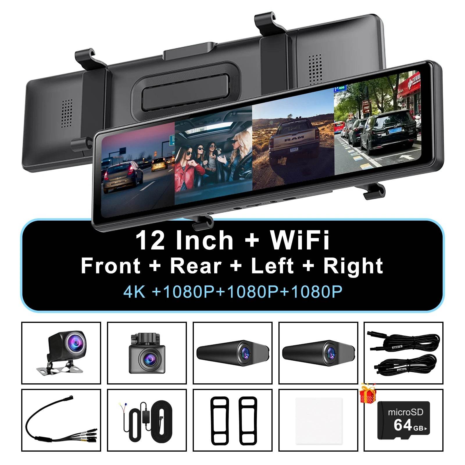 Adinakm 4CH 12 Inch Rearview Mirror Dash Cam 4K Front,Rear and Side(Left Right) FHD 3*1080P Blind Spot Assist WDR WIFI G-sensor - MarvelouStoree