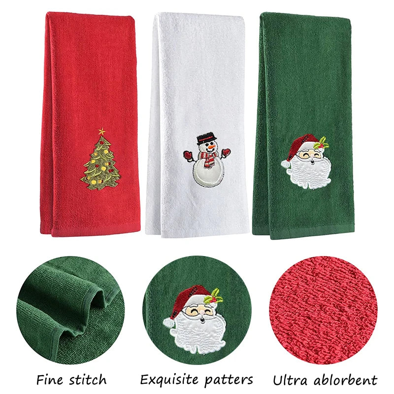 2025 New Year Towel Classic Solid Xmas Tree/Snowman/Santa Claus Embroidery Bath Towel 45x30cm Christmas Hand Towels Set