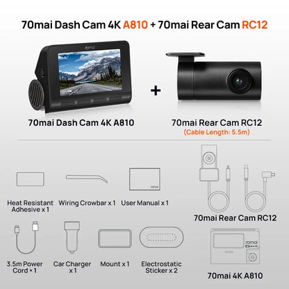 70mai 4K Dash Cam A810 Ultra HD Built-in GPS ADAS Auto Record 150FOV Motion Detection 70mai A810 4G Car DVR Support Rear Cam