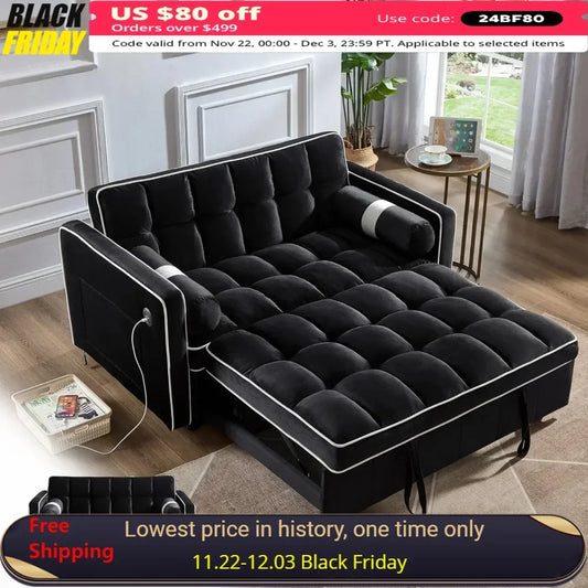 3 in 1 Pull Out Convertible Sofa Bed with USB Ports - 55" Modern Velvet Sleeper Sofa with 3 Level Adjustable Backrest, Loveseat