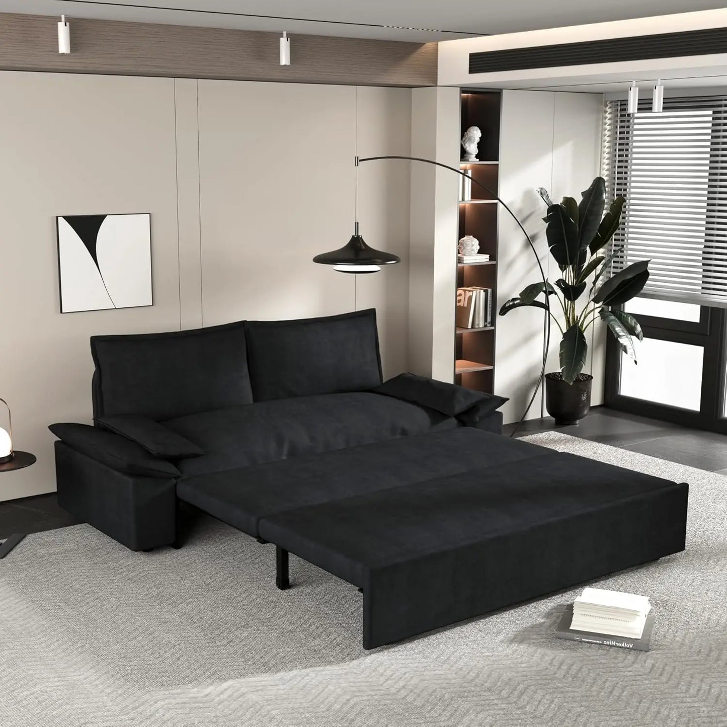 Sofa Bed, Comfy Pull Out Futon Couch Bed 70.1" Modern Velvet Recliner Loveseat Sofa Multi-Functional Black Cloud Couch