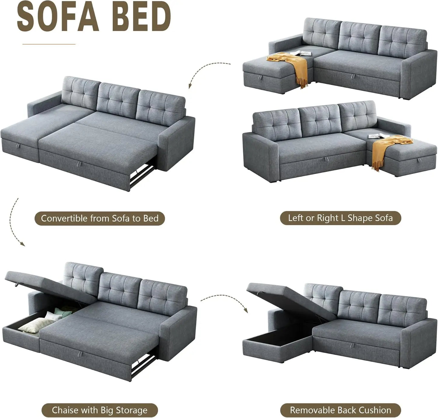 81.5" Sectional Sleeper Sofa with Storage Chaise, L Shaped Pull Out Couch Bed with 3 Removable Back Cushion for Living Room,Apar