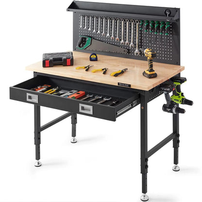 Workbench Adjustable Height 28-39.5" Work Bench for Garage Oak Plank & Carbon Steel Heavy Duty Workbench 2000lbs Weight Capacity