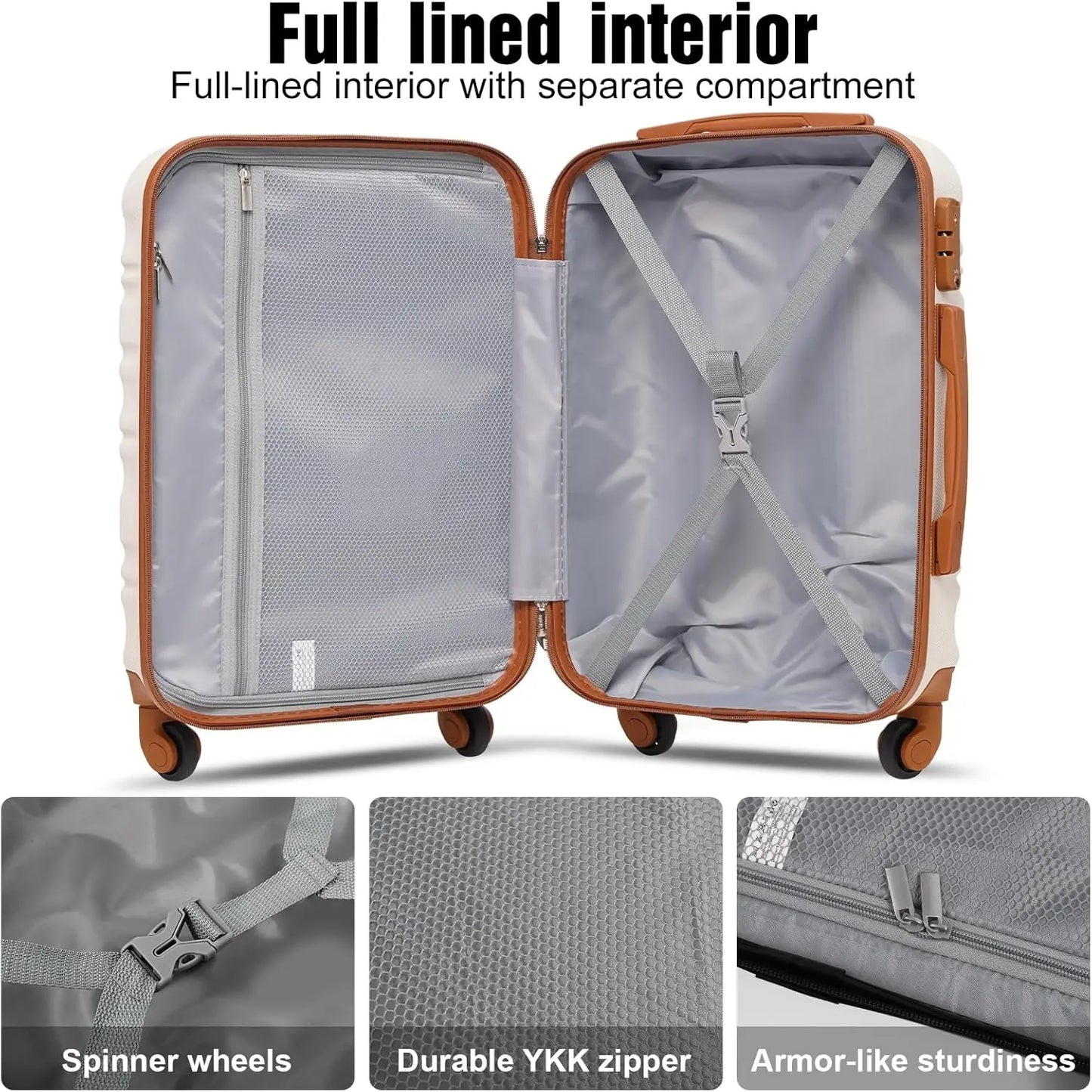 Luggage Set 4 Piece Luggage ABS hardshell TSA Lock Spinner Wheels Luggage Carry on Suitcase WHITE-BROWN, 6 piece set