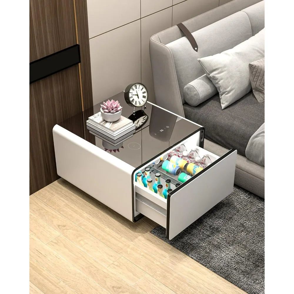 27.8" D X 26.5" W X 18.1" H Bed Side Table Chevet Smart Side Table With Built-in Fridge White Nightstands Bedroom Bedside Tables