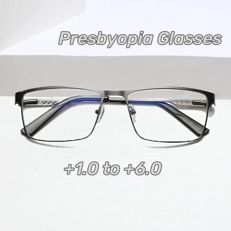 Men Square Metal Large Frame Reading Spring Leg Elderly Presbyopia Glasses Blue Light Blocking Eye Protection Eyeglasses - MarvelouStoree